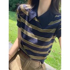 批发藏青色POLO领短袖T恤女夏季美式高级感<b class='q'>针织衫</b>翻领正肩条纹上衣潮