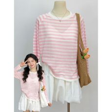 批发粉色条纹薄款长袖防晒罩衫女夏季2026新款显瘦气质空调衫针织上衣