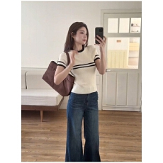 批发韩系杏色条纹冰丝针织短袖正肩t恤女夏季小个子独特别致短款上衣