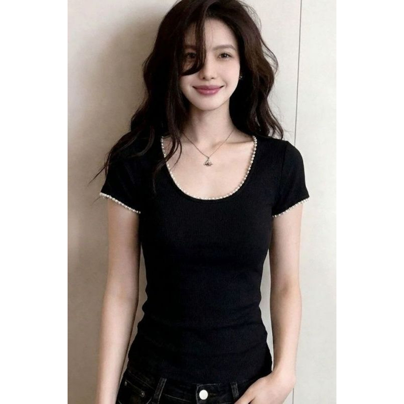한 부서 비즈 박기 검정색 u 칼라 긍정적 인 어깨 니트 반팔 티셔츠 여성 얇은 스타일 인사이드 가져 가라. 외국 가스 고유 한 아름다운 초여름 맨위