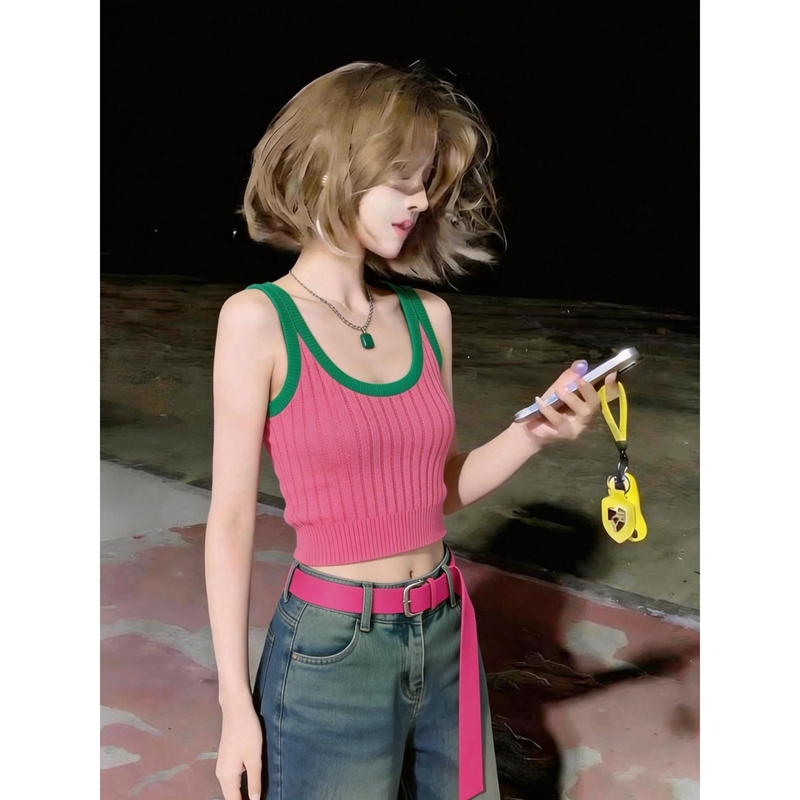 고유 한 아름다운 배색 니트 캐미솔 2026 여름 새로운 몸매 가꾸기 인사이드 가져 가라. 수 있습니다. 외출용 민소매 맨위