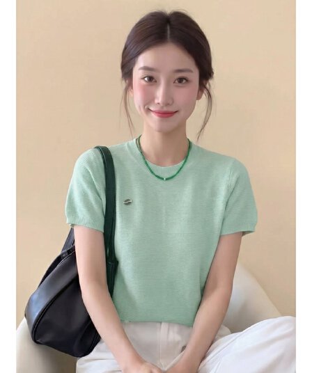 도파민 착용 가져 가라. 박하 남자 웨이브 녹색 니트 긍정적 인 어깨 반팔 티셔츠 여성 여름 한 부서 고유 한 아름다운 작은 맨위