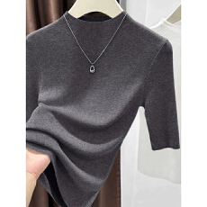 批发通勤穿搭半高领针织打底衫女秋季2026新款修身绵羊毛五分<b class='q'>袖</b><b class='q'>上衣</b>薄