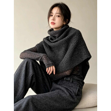 秋冬法式老钱风高领针织围巾女士保暖叠穿围脖外搭不规则披肩斗篷