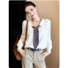 批发法式高级感领巾拼接白色<b class='q'>衬衫女</b>小众独特慵懒百搭绝美<b class='q'>长袖</b>上衣秋冬