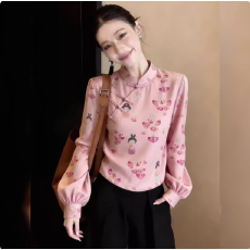 批发2026春季新款温柔轻奢风印花衬衫设计感洋气长袖盘扣粉色气质上衣