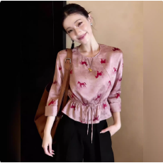 批发新中式宫廷小马印花上衣复古显瘦减龄收腰长袖衬衫2026春季新款女