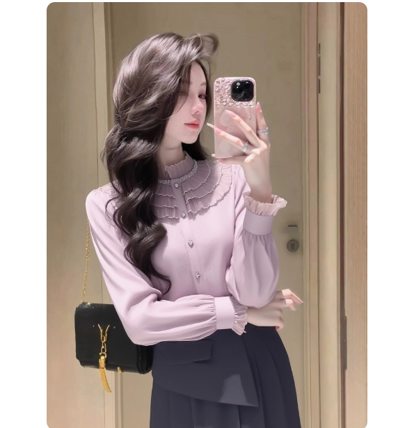 프랑스식 요정 가스 펄럭 이는 고유 한 아름다운 디자인 센스 작은 대중 스탠드 칼라 맨위 보라색 목이버섯 레이스 여성 셔츠 봄
