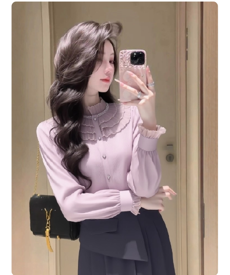 프랑스식 요정 가스 펄럭 이는 고유 한 아름다운 디자인 센스 작은 대중 스탠드 칼라 맨위 보라색 목이버섯 레이스 여성 셔츠 봄