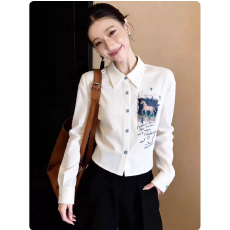 法式印花拼接polo领白色长袖衬衫女高级设计感收腰短款上衣早春季