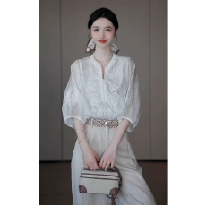 批发早春新中式国风穿搭干练气质高级感大方得体白色亚麻刺绣衬衫套装