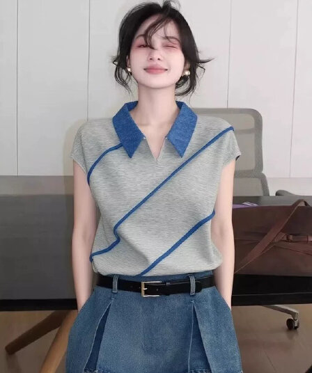 여름 고유 한 레트로 핫걸 배색 폴로 칼라 반팔 티셔츠 여성 디자인 센스 작은 대중 몸매 가꾸기 다용도 아름다운 맨위