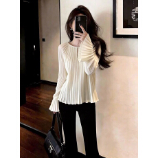 批发米白色圆领荷叶边袖口设计小衫2026春季女装新款时尚百搭<b class='q'>长袖</b>上衣