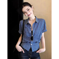 春季法式独特超好看单穿上衣小众不撞款洋气减龄气质蓝色格纹衬衫