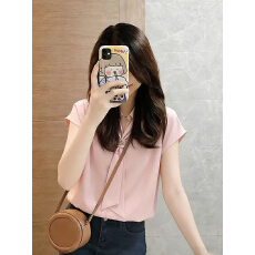 批发淑女风粉色飘带领短袖衬衫女夏季2026新款甜美减龄显瘦外穿上衣潮