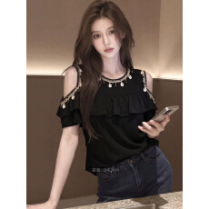 批发2026新款韩系夏季法式高级感露肩荷叶边短袖女装重工装饰上衣