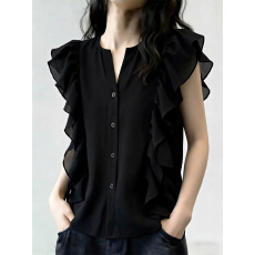 批发法式荷叶边黑色短袖衬衫女2026<b class='q'>夏季</b>新款小众V领修身显瘦减龄上衣