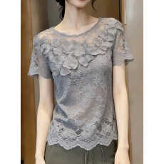 批发欧货高端定制灰色花朵大码上衣女2026<b class='q'>夏季</b>新款钉珠蕾丝设计感短袖