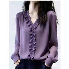批发欧货高端定制紫色优雅大码上衣女2026夏季新款大气木耳边百搭<b class='q'>长袖</b>