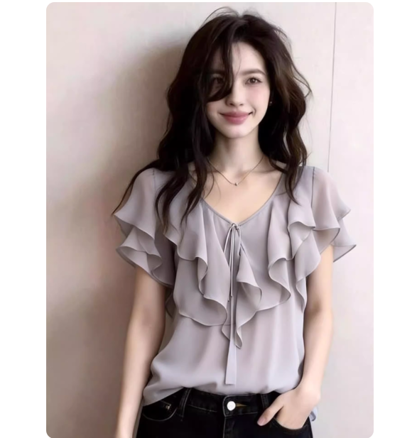 프랑스식 디자인 센스 프릴 쉬폰 블라우스 여성용 짧은 소매 품격 연령 감소 맨위 패션 편안함 2026 여름 새로운