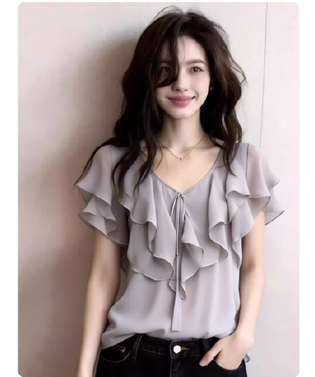 프랑스식 디자인 센스 프릴 쉬폰 블라우스 여성용 짧은 소매 품격 연령 감소 맨위 패션 편안함 2026 여름 새로운