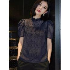 批发短袖T恤女2026春季新款<b class='q'>韩版</b>宽松立领波点上衣高级感套头打底衫潮