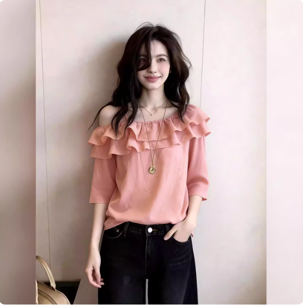 한 부서 부드러운 핑크색 프릴 비스듬한 어깨 의류 여성 루즈핏 연령 감소 세련된 센스 다용도 2026 년 여름 새로운