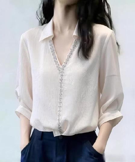 프랑스식 V 넥 셔츠 여성용 짧은 소매 2026 여름 새로운 고급 센스 외국 가스 연령 감소 루즈핏 슬림해 보이는 핫픽스 맨위
