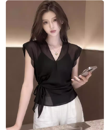 로얄 자매 바람 검정색 V넥 마이크로 ~을 통해 쇼트 스타일 쉬폰 여성 셔츠 2026 여름 새로운 레이스업 허리 수축 싱글 착용 맨위