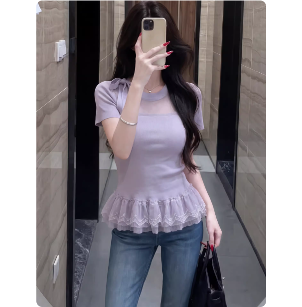 프랑스식 달콤한 스타일 보라색 V넥 반팔 프릴 프릴 슬림해 보이는 2026 여름 새로운 티셔츠 맨위 여성