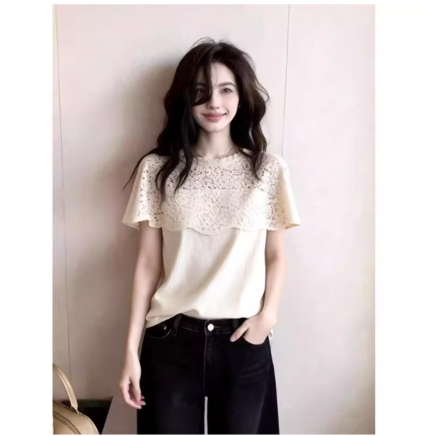 디자인 센스 작은 대중 레이스 홀로우 아웃 페이크 레이어드 반팔 티셔츠 여성 고유 한 아름다운 자이언트 잘 생긴 루즈핏 맨위 여름