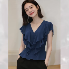 批发荷叶边<b class='q'>雪纺衫</b>短袖V领上衣夏季新款蓝色修身显瘦气质百搭女士小衫