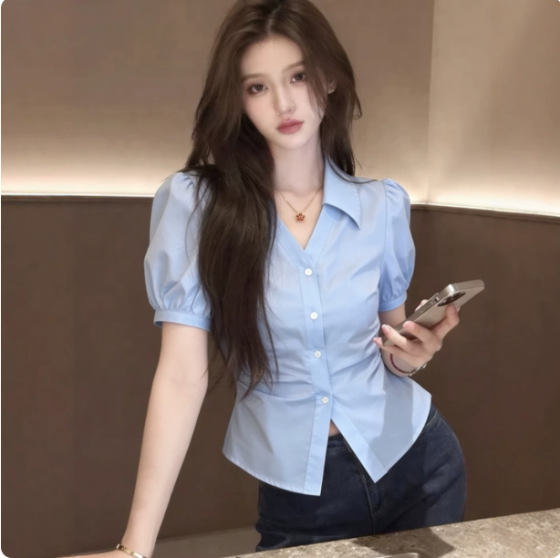 파란색 반팔 셔츠 여자 2026 새로운 여름 디자인 센스 허리 수축 슬림해 보이는 Chic 매우 요정 ~ 중 맨위 셔츠