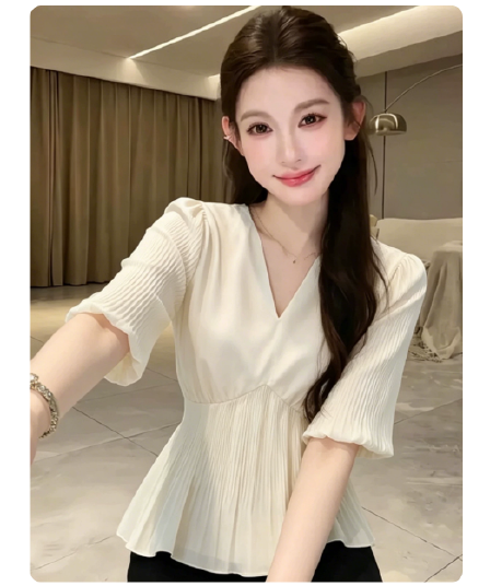 패션 빛 요리 한 고급 센스 살구 색상 V넥 프릴 5 점 소매 여성 셔츠 여름 섹션 슈퍼 잘 생긴 출퇴근 셔츠