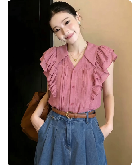 프랑스식 품격 프릴 반팔 여성 셔츠 여름 루즈핏 디자인 센스 작은 대중 외국 가스 작은 셔츠 고급 센스 맨위
