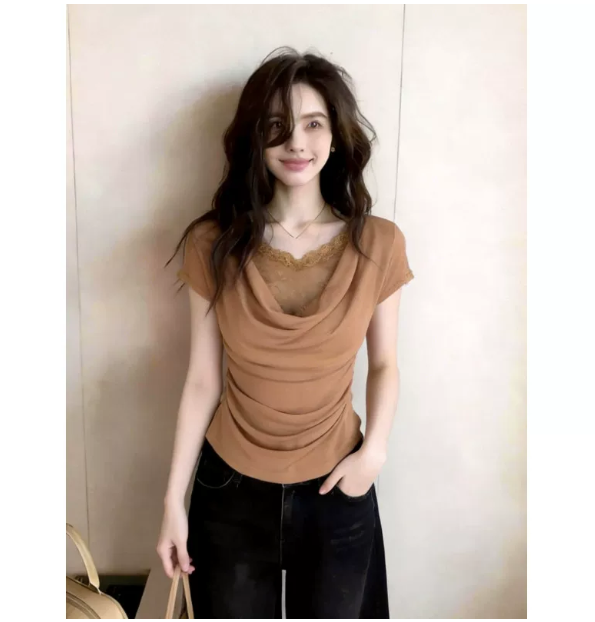 여름 프랑스식 고유 한 레이스 조각 흔들다 칼라 반팔 티셔츠 여성 디자인 센스 작은 대중 몸매 가꾸기 슬림해 보이는 긍정적 인 어깨 의류
