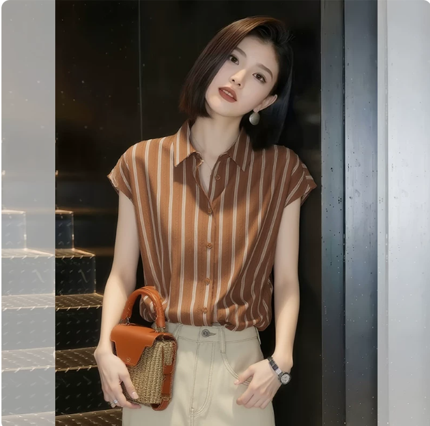 항구 바람 레트로 배색 세로 줄무늬 품격 반팔 여성 셔츠 2026 여름 새로운 폴로 칼라 경력 출퇴근 맨위