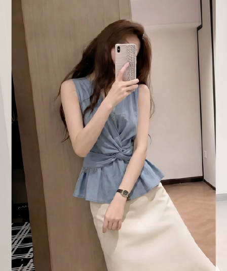 파란색 빛 요리 한 명문 여성 바람 레이스 V넥 조끼 여성 의류 여름 달콤한 핫걸 비틀림 셔츠 빅 사이즈 민소매 맨위