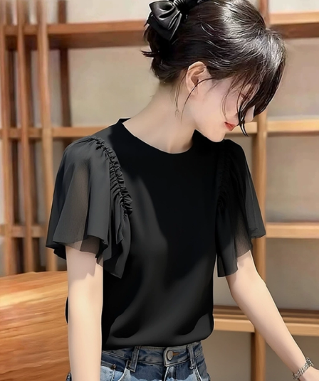 Chic 빛 럭셔리 우아함 검정색 반팔 티셔츠 여성 2026 여름 새로운 외국 가스 다용도 Chic 연령 감소 맨위 트렌디