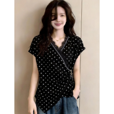 批发撞色波点蕾丝V领不规则短袖T恤女夏<b class='q'>大码</b>胖mm洋气减龄遮肚收腰上衣