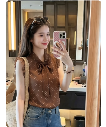 2026 여름 새로운 빅 사이즈 달콤함 소녀 바람 나비 매듭 도트 무늬 민소매 여성 셔츠 품격 고급 센스 맨위