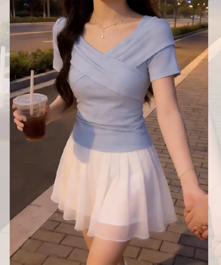 장쑤 저장 및 상하이 천 골드 착용 가져 가라. 하늘색 십자가 반팔 티셔츠 여성 2026 여름 새로운 Chic 매우 요정 ~ 중 맨위