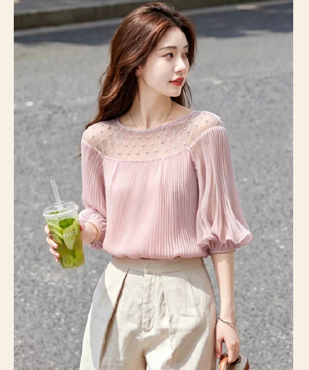 2026 여름 새로운 프랑스식 부드러운 바람 핑크색 거품 소매 맨위 여성 빛 요리 한 우아함 홀로우 아웃 디자인 센스 연령 감소