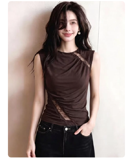 고유 한 Chic 패션 빛 요리 한 프랑스식 바람 레이스 조각 조끼 2026 여름 몸매 가꾸기 슬림해 보이는 민소매 맨위 여성