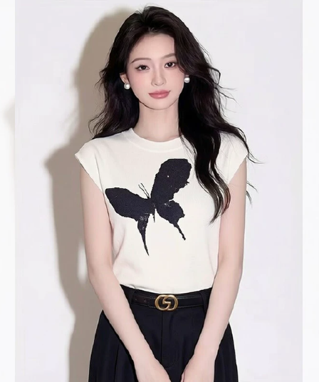 여름 새로운 나비 프린트 라운드 넥 반팔 티셔츠 여성 의류 패션 몸매 가꾸기 슬림해 보이는 다용도 출퇴근 연령 감소 맨위