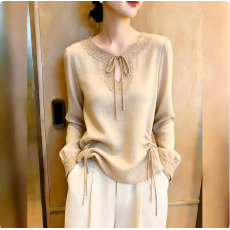 批发2026夏季新款V领系带<b class='q'>蕾丝</b><b class='q'>上衣</b>女<b class='q'>长袖</b>宽松抽绳高级感通勤大码气质