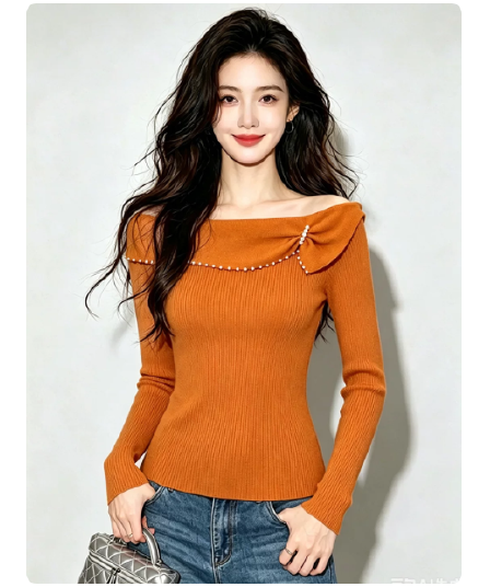 가을 의상 부드러운 바람 달콤함 연령 감소 긴팔 니트 스웨터 여성 와이드 부드러운 찹쌀 비즈 박기 프릴 보트넥 맨위