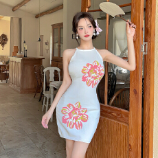 实拍法式惊艳气质白色印花无袖针织连衣裙小香风独特修身包臀短裙
