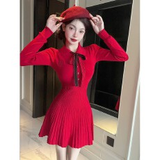批发实拍黑色<b class='q'>连衣裙</b>女2025秋冬法式小个子千金气质小香风打底针织裙子