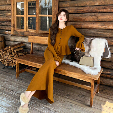 实拍法式复古荷叶边针织开衫高腰半身裙套装女秋冬新超好看两件套